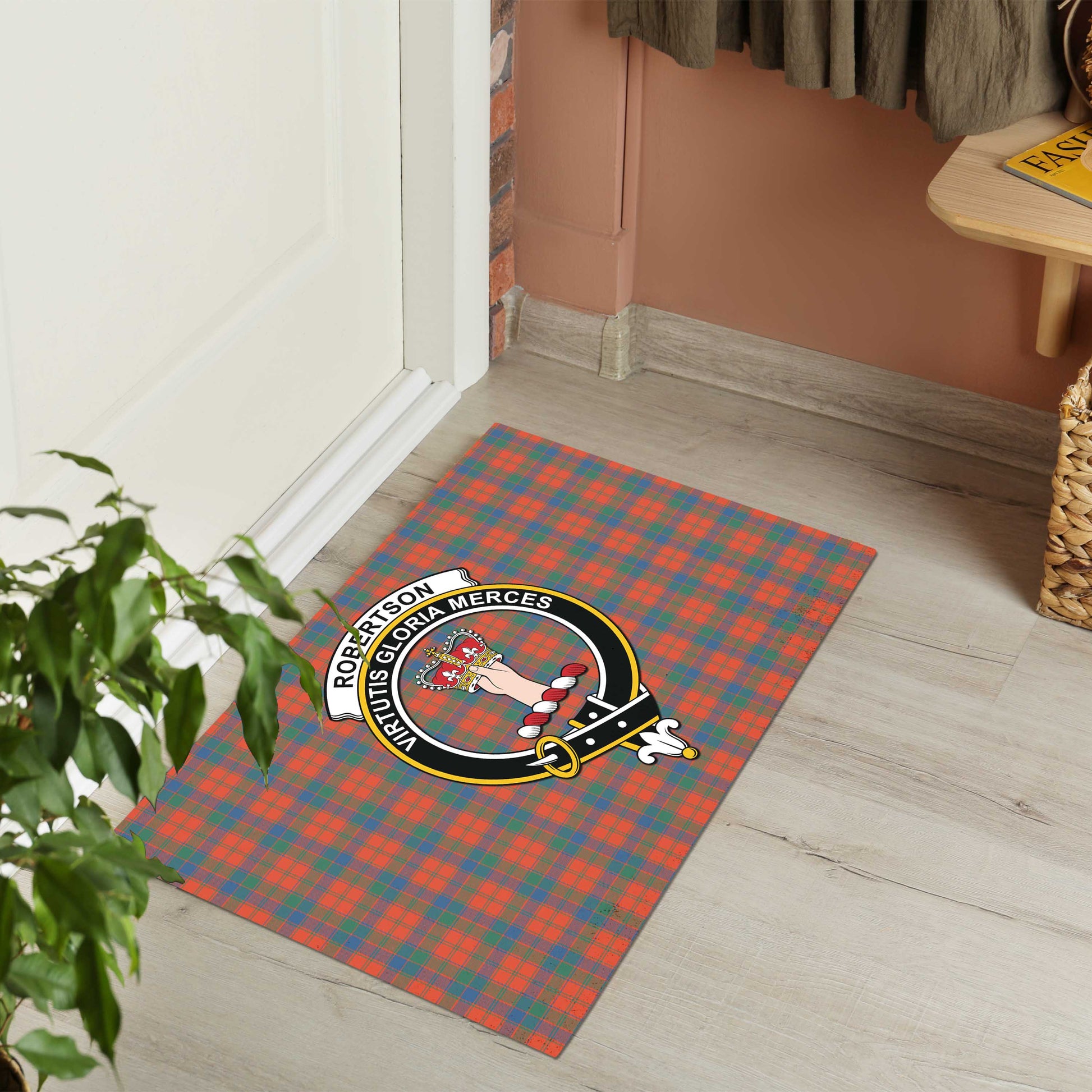 Robertson Ancient Tartan Door Mat with Family Crest - Tartanvibesclothing Shop