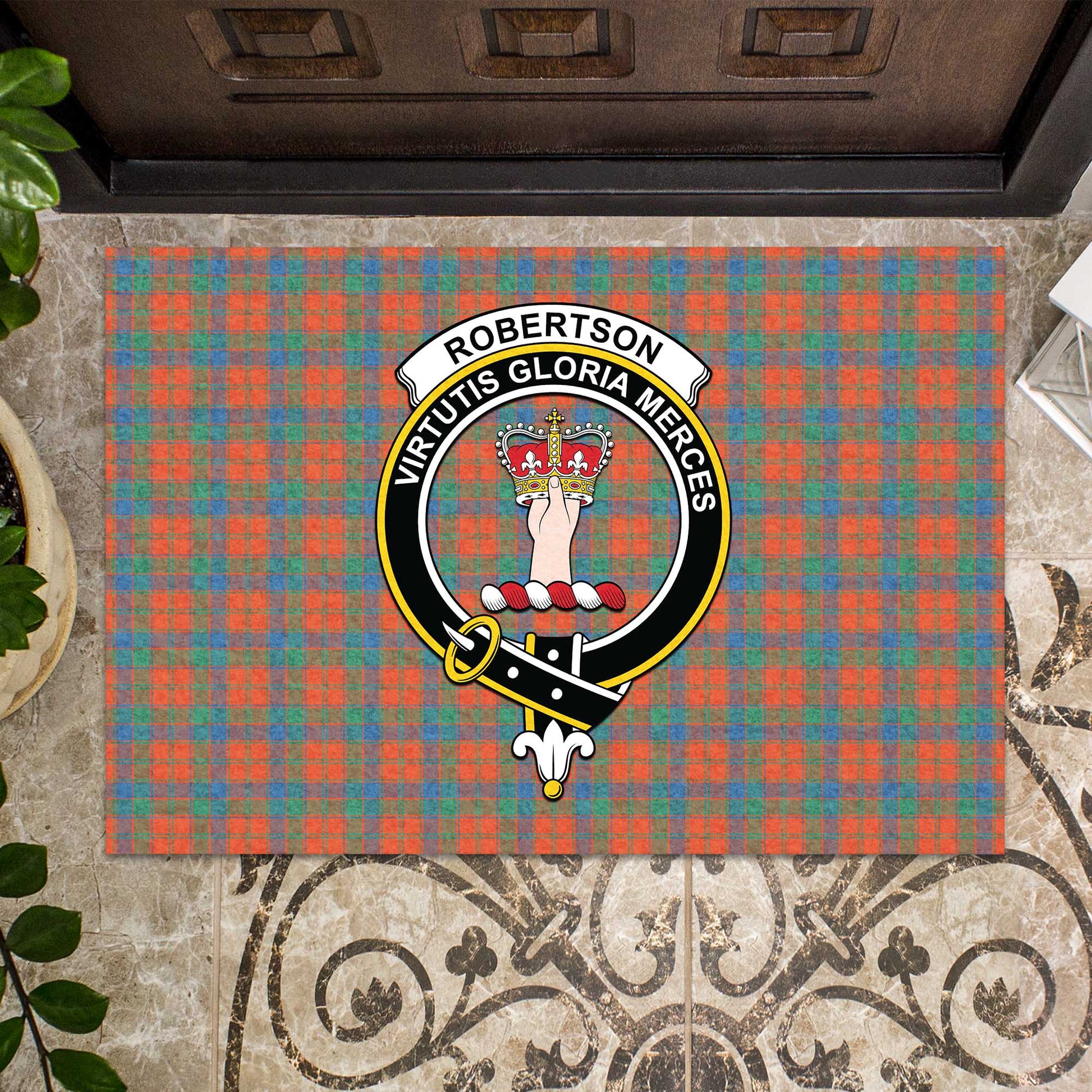 Robertson Ancient Tartan Door Mat with Family Crest - Tartanvibesclothing Shop