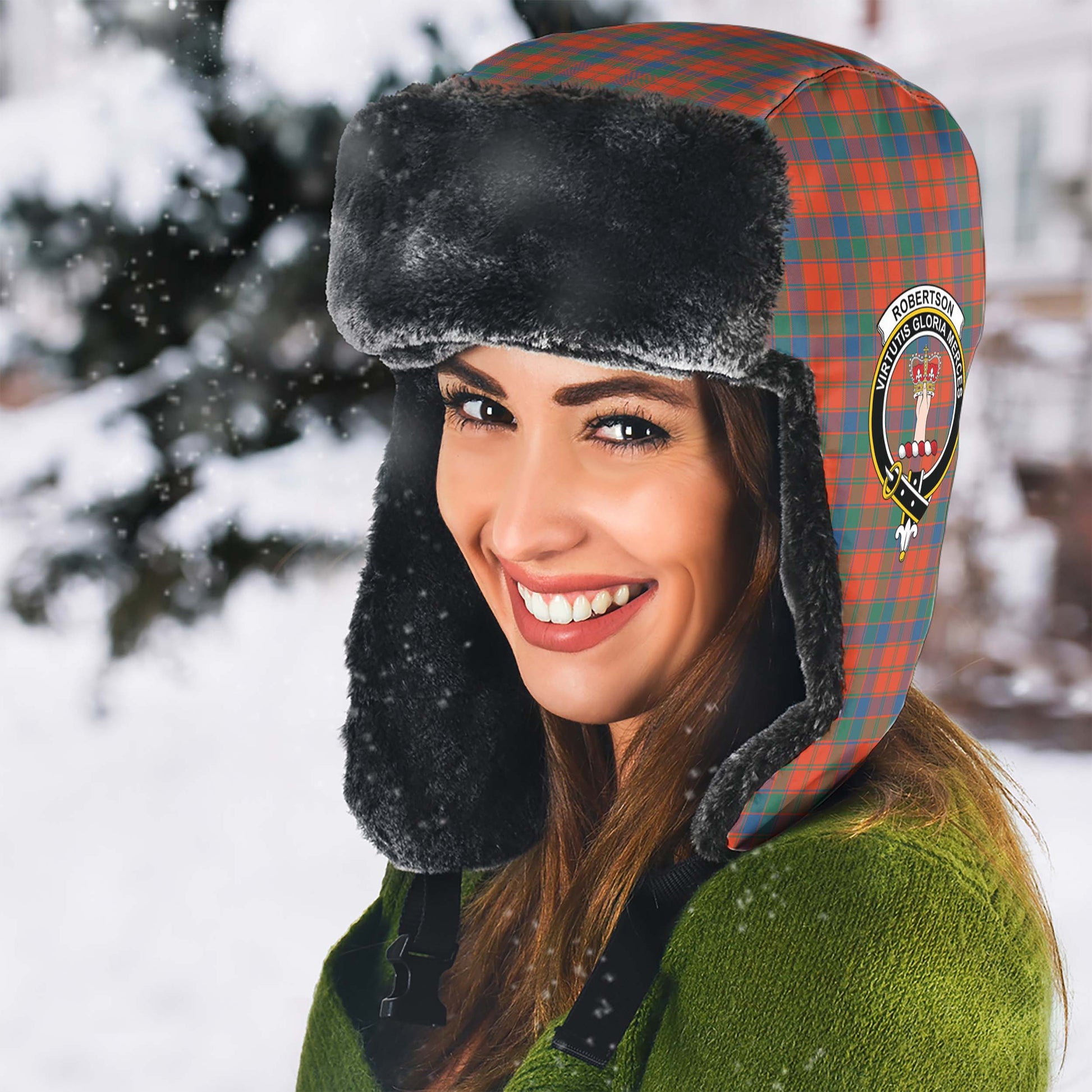 Robertson Ancient Tartan Winter Trapper Hat with Family Crest - Tartanvibesclothing