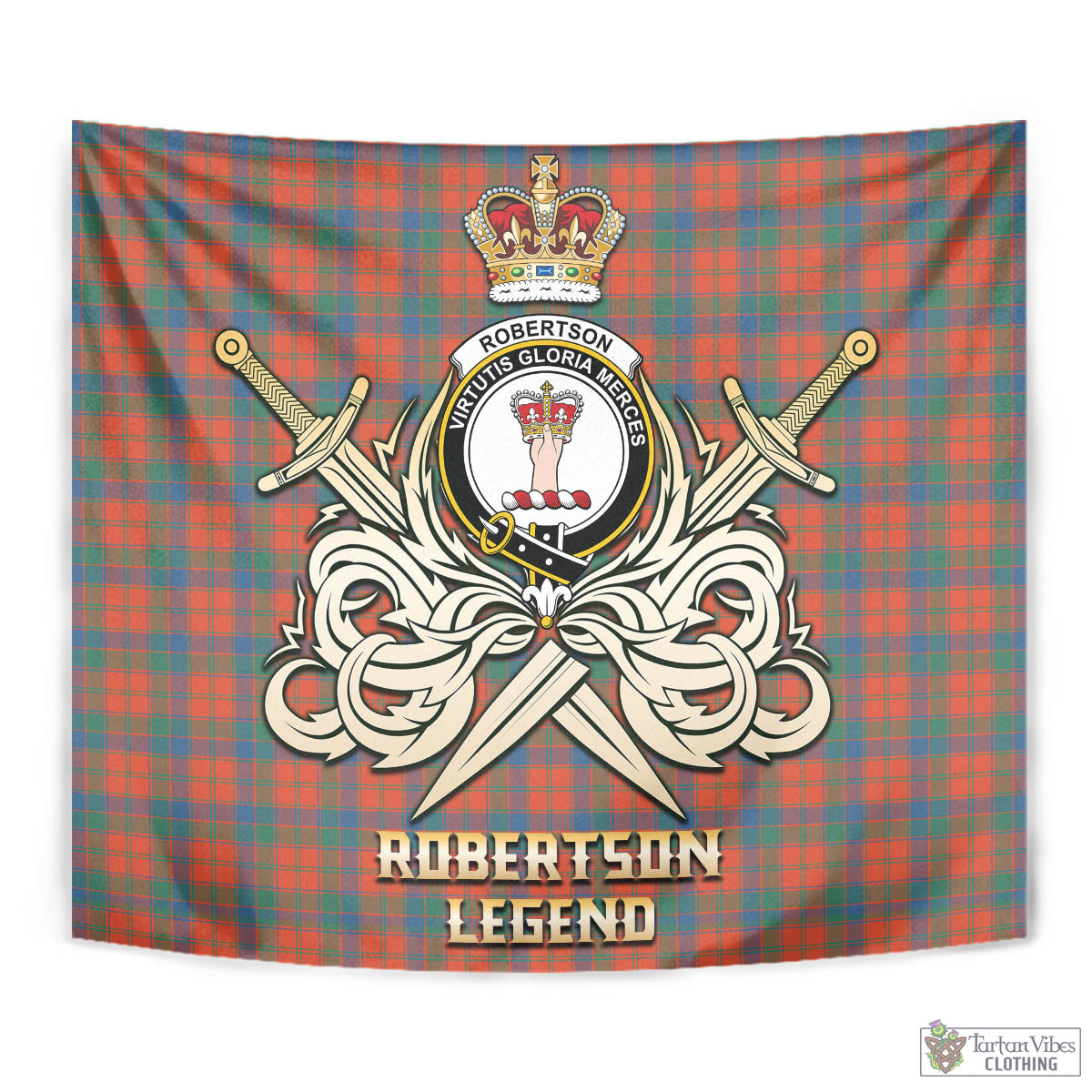 Tartan Vibes Clothing Robertson Ancient Tartan Tapestry with Clan Crest and the Golden Sword of Courageous Legacy