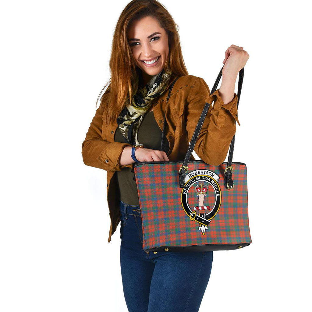 Robertson Ancient Tartan Leather Tote Bag with Family Crest - Tartan Vibes Clothing