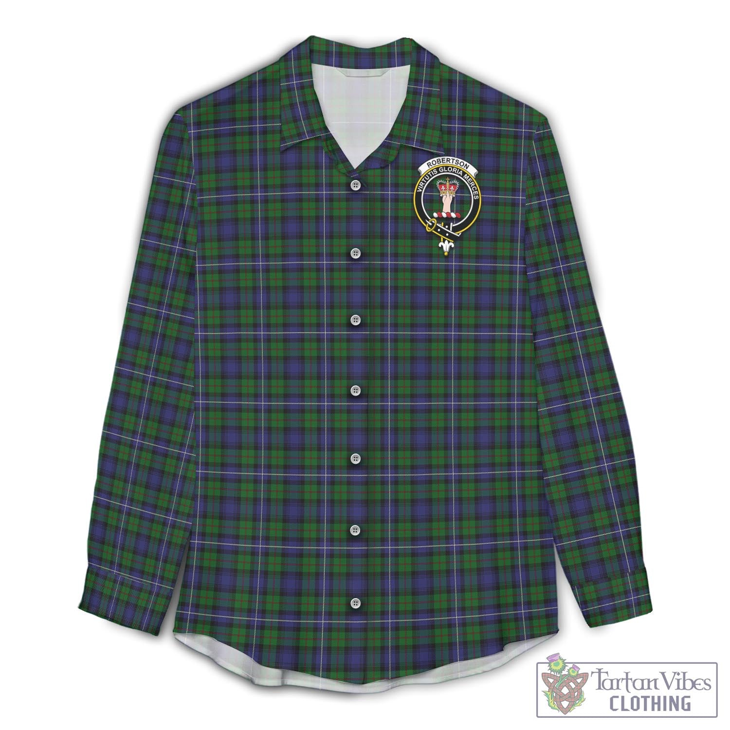 Tartan Vibes Clothing Robertson Hunting Tartan Womens Casual Shirt with Family Crest