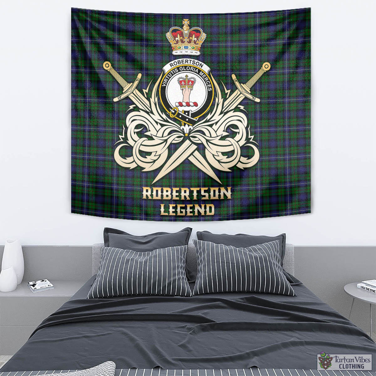 Tartan Vibes Clothing Robertson Hunting Tartan Tapestry with Clan Crest and the Golden Sword of Courageous Legacy