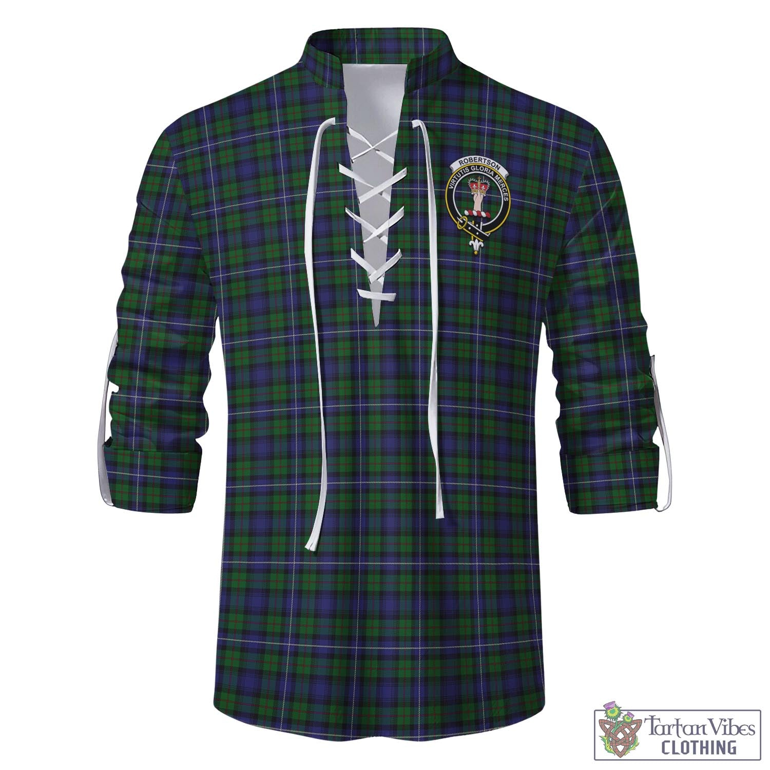 Tartan Vibes Clothing Robertson Hunting Tartan Men's Scottish Traditional Jacobite Ghillie Kilt Shirt with Family Crest