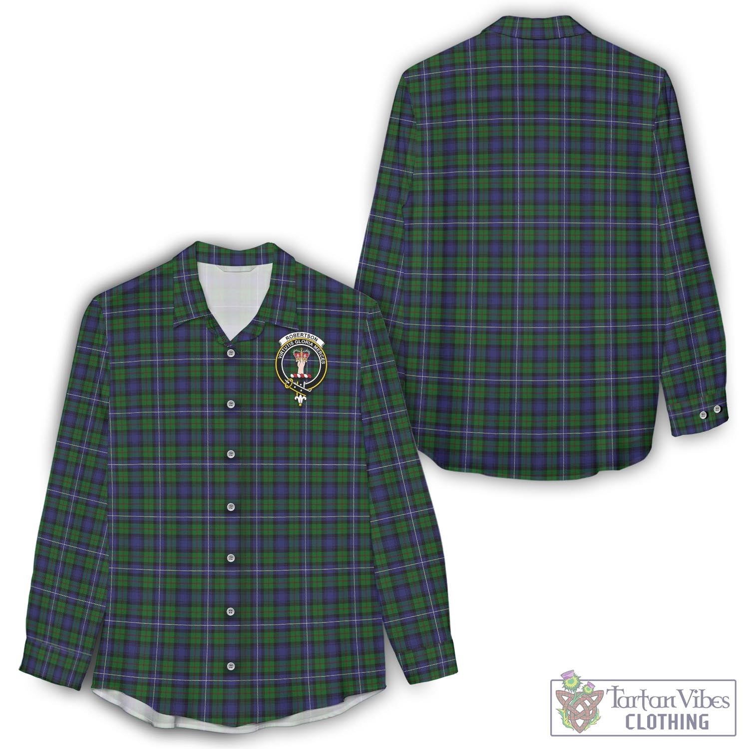 Tartan Vibes Clothing Robertson Hunting Tartan Womens Casual Shirt with Family Crest