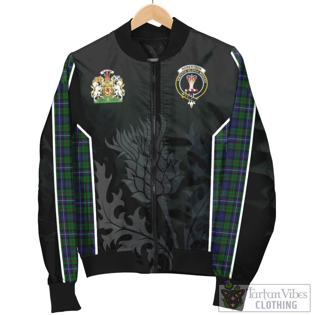 Tartan Vibes Clothing Robertson Hunting Tartan Bomber Jacket with Family Crest and Scottish Thistle Vibes Sport Style