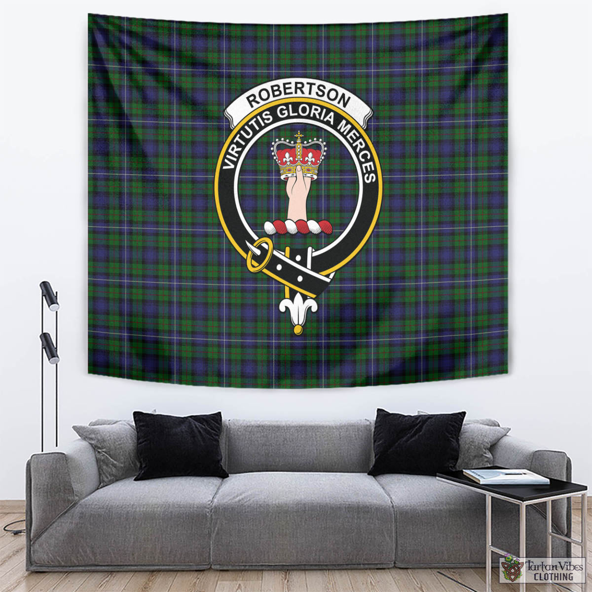 Tartan Vibes Clothing Robertson Hunting Tartan Tapestry Wall Hanging and Home Decor for Room with Family Crest