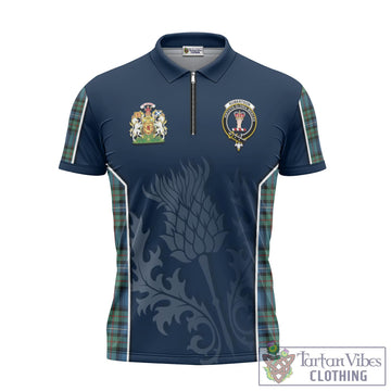 Robertson Hunting Ancient Tartan Zipper Polo Shirt with Family Crest and Scottish Thistle Vibes Sport Style