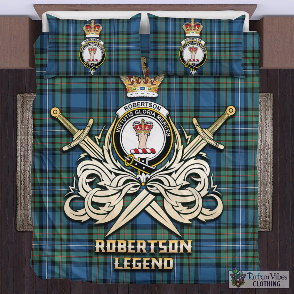 Tartan Vibes Clothing Robertson Hunting Ancient Tartan Bedding Set with Clan Crest and the Golden Sword of Courageous Legacy