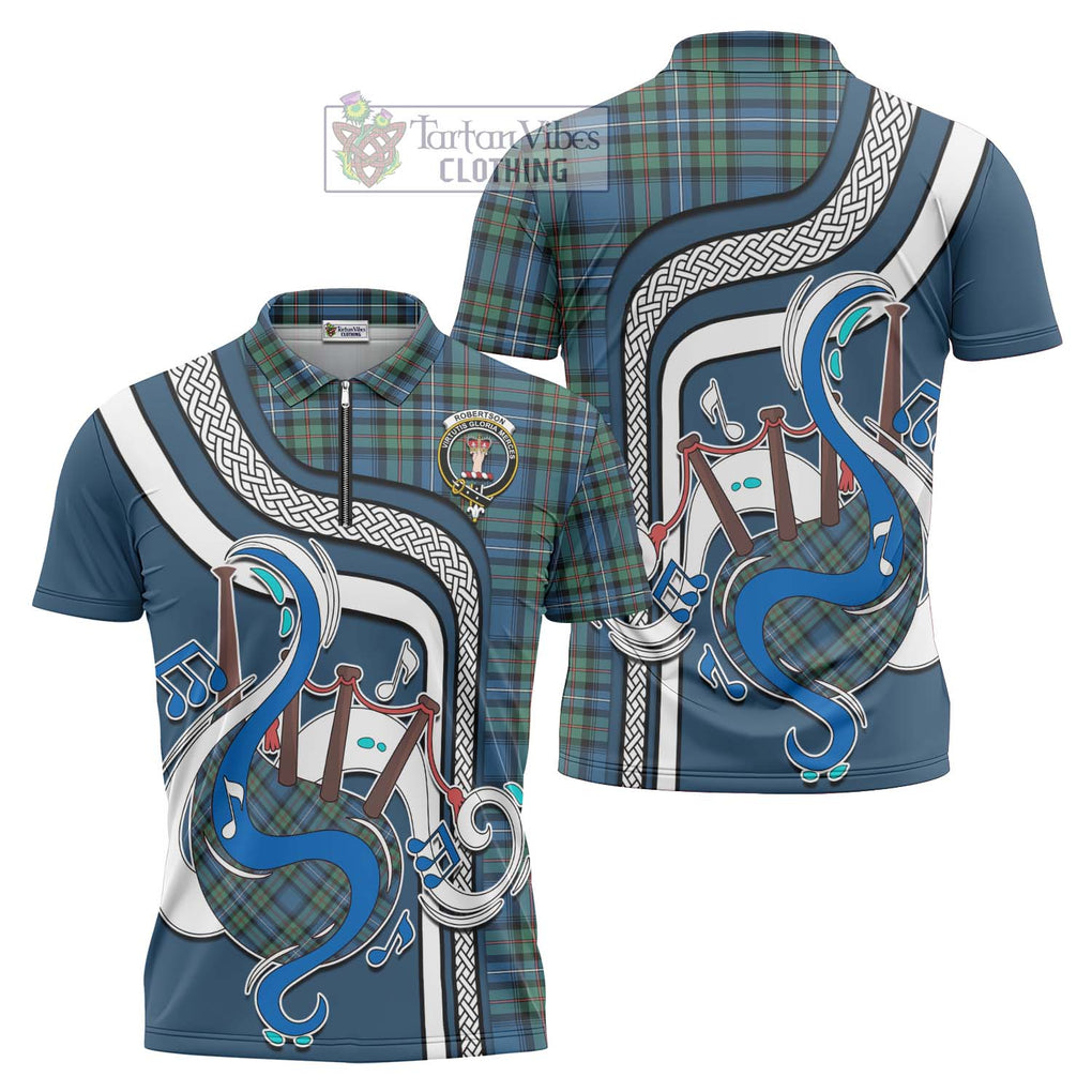 Robertson Hunting Ancient Tartan Zipper Polo Shirt with Epic Bagpipe Style Unisex - Tartanvibesclothing Shop