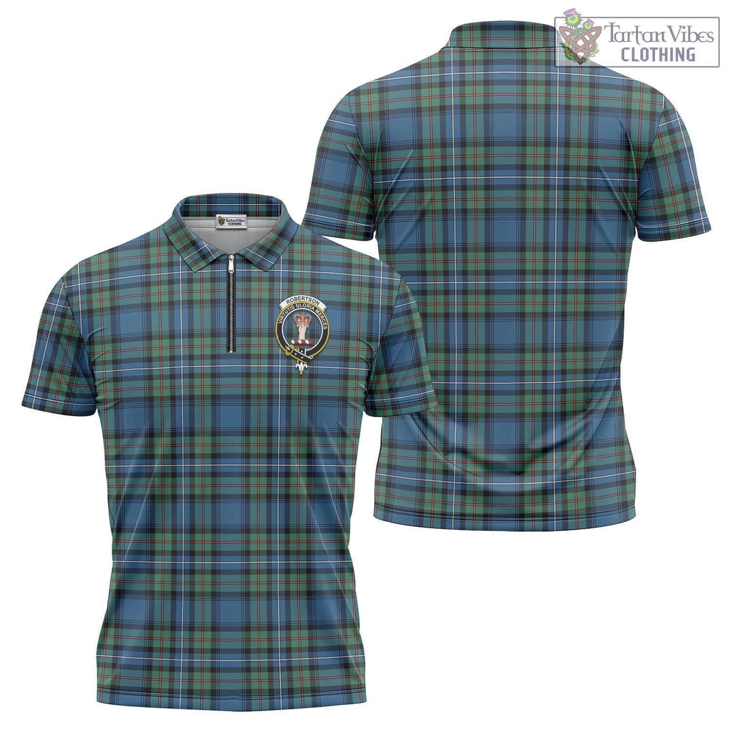 Tartan Vibes Clothing Robertson Hunting Ancient Tartan Zipper Polo Shirt with Family Crest