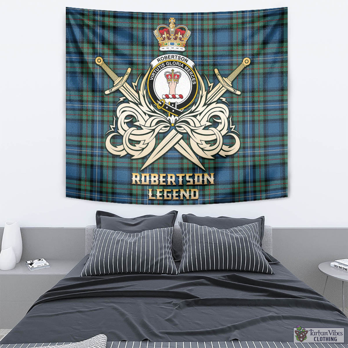 Tartan Vibes Clothing Robertson Hunting Ancient Tartan Tapestry with Clan Crest and the Golden Sword of Courageous Legacy