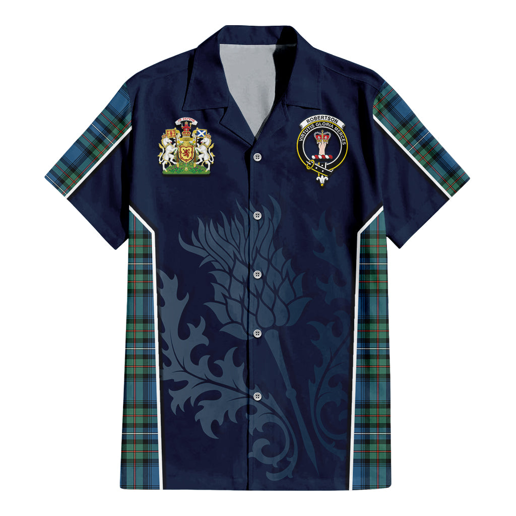 Tartan Vibes Clothing Robertson Hunting Ancient Tartan Short Sleeve Button Up Shirt with Family Crest and Scottish Thistle Vibes Sport Style