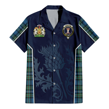 Robertson Hunting Ancient Tartan Short Sleeve Button Up Shirt with Family Crest and Scottish Thistle Vibes Sport Style