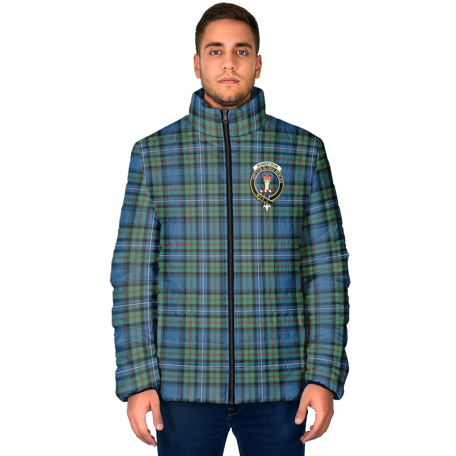 Robertson Hunting Ancient Tartan Padded Jacket with Family Crest - Tartan Vibes Clothing