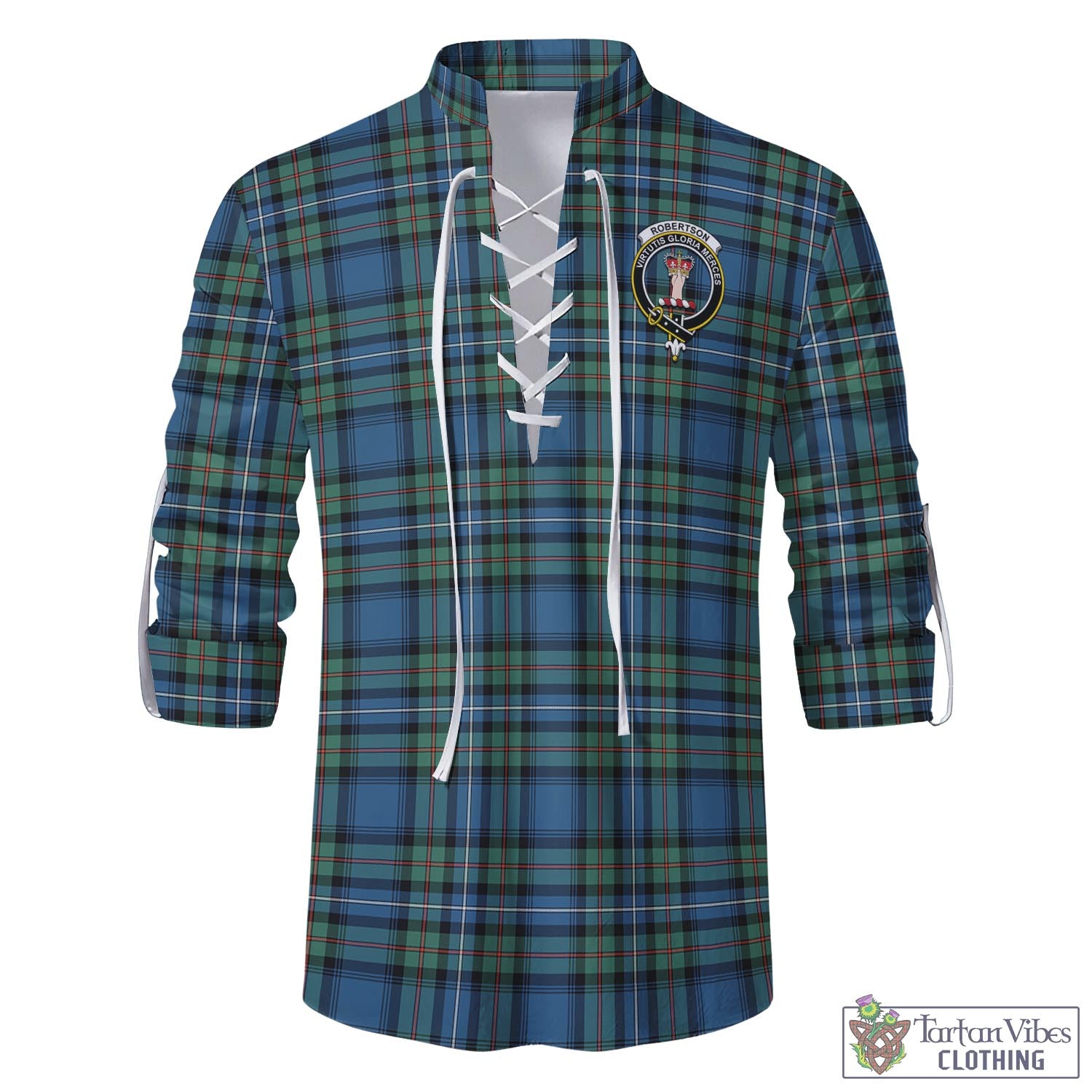 Tartan Vibes Clothing Robertson Hunting Ancient Tartan Men's Scottish Traditional Jacobite Ghillie Kilt Shirt with Family Crest