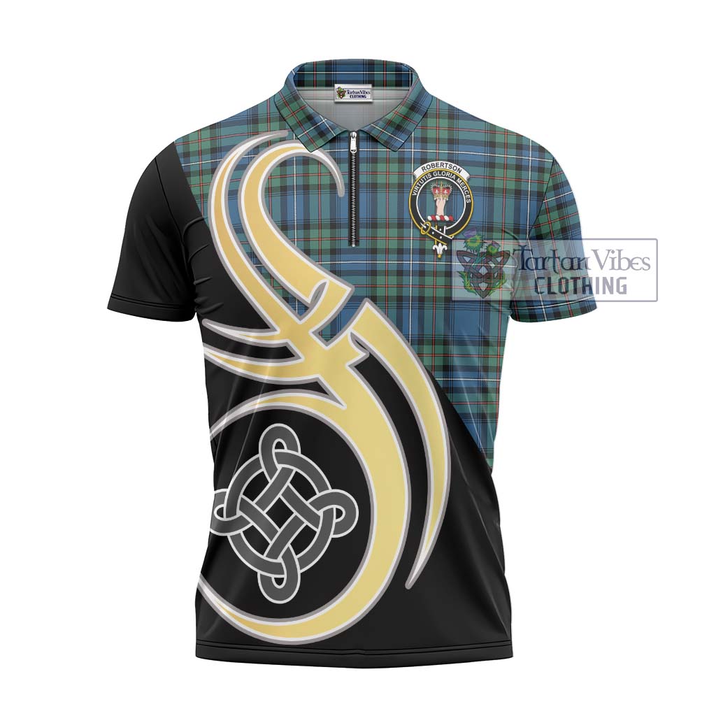 Tartan Vibes Clothing Robertson Hunting Ancient Tartan Zipper Polo Shirt with Family Crest and Celtic Symbol Style