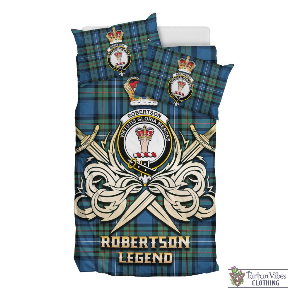 Tartan Vibes Clothing Robertson Hunting Ancient Tartan Bedding Set with Clan Crest and the Golden Sword of Courageous Legacy