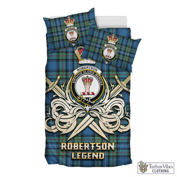 Robertson Hunting Ancient Tartan Bedding Set with Clan Crest and the Golden Sword of Courageous Legacy