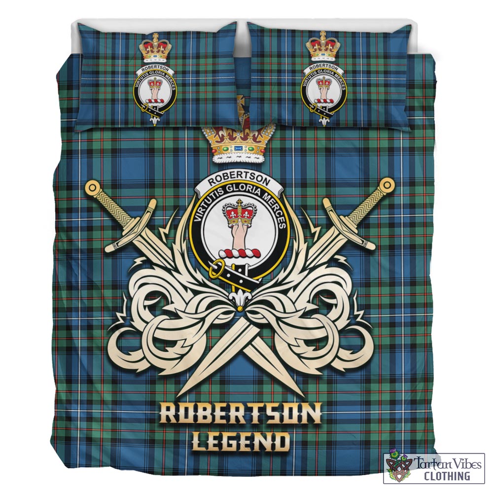 Tartan Vibes Clothing Robertson Hunting Ancient Tartan Bedding Set with Clan Crest and the Golden Sword of Courageous Legacy