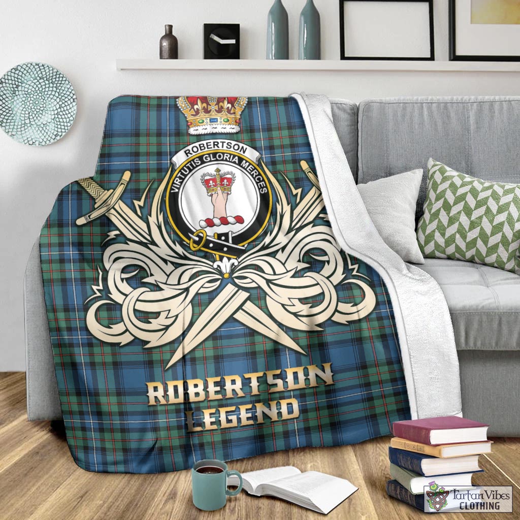 Tartan Vibes Clothing Robertson Hunting Ancient Tartan Blanket with Clan Crest and the Golden Sword of Courageous Legacy