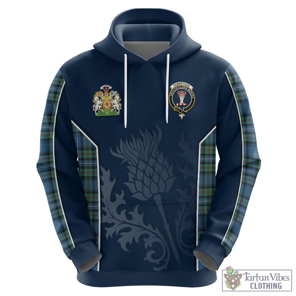 Tartan Vibes Clothing Robertson Hunting Ancient Tartan Hoodie with Family Crest and Scottish Thistle Vibes Sport Style