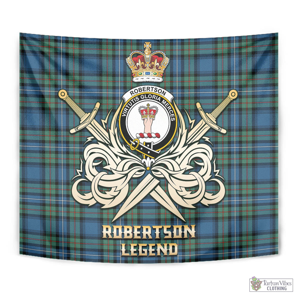 Tartan Vibes Clothing Robertson Hunting Ancient Tartan Tapestry with Clan Crest and the Golden Sword of Courageous Legacy