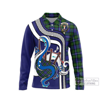 Robertson Hunting Modern Tartan Long Sleeve Polo Shirt with Epic Bagpipe Style