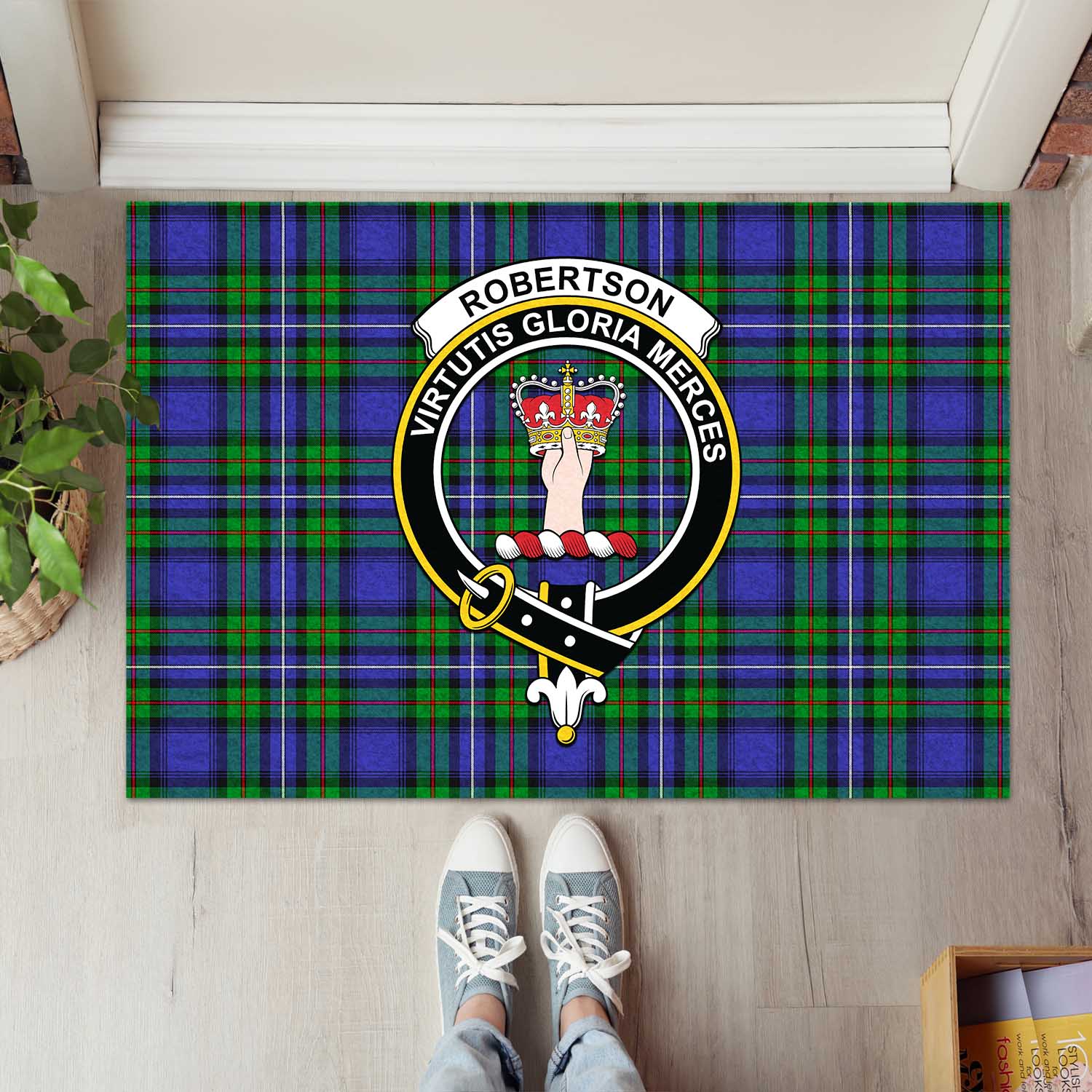 Robertson Hunting Modern Tartan Door Mat with Family Crest - Tartanvibesclothing Shop