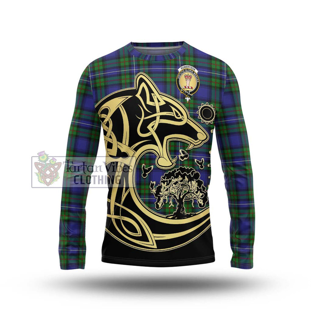 Robertson Hunting Modern Tartan Long Sleeve T-Shirt with Family Crest Celtic Wolf Style Unisex - Tartan Vibes Clothing