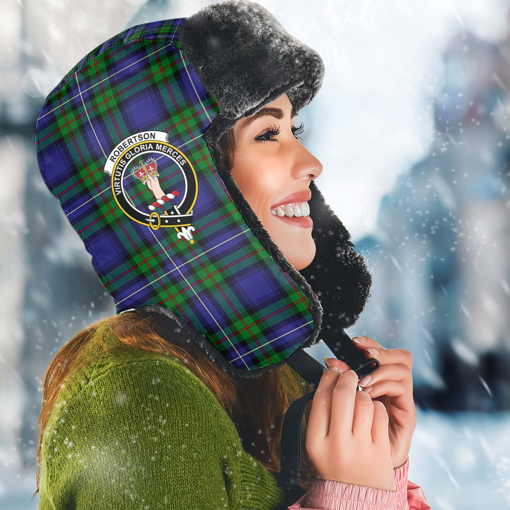 Robertson Hunting Modern Tartan Winter Trapper Hat with Family Crest Winter Trapper Hat Universal Fit Circumference 22.8in (58cm) - Tartanvibesclothing