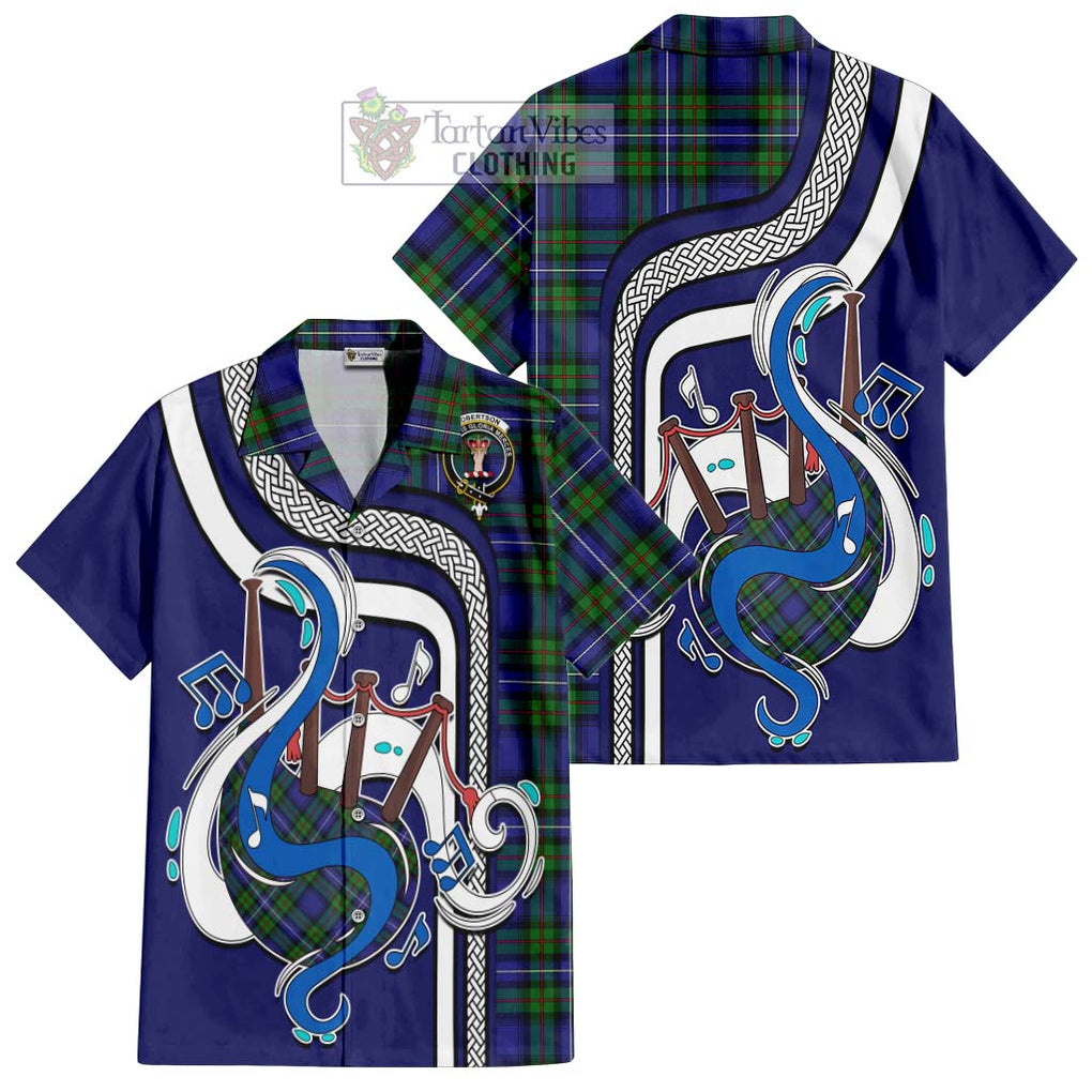 Robertson Hunting Modern Tartan Short Sleeve Button Shirt with Epic Bagpipe Style Kid - Tartanvibesclothing Shop