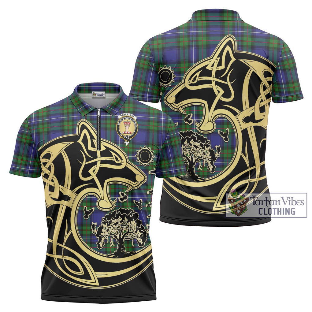 Robertson Hunting Modern Tartan Zipper Polo Shirt with Family Crest Celtic Wolf Style Unisex - Tartanvibesclothing Shop