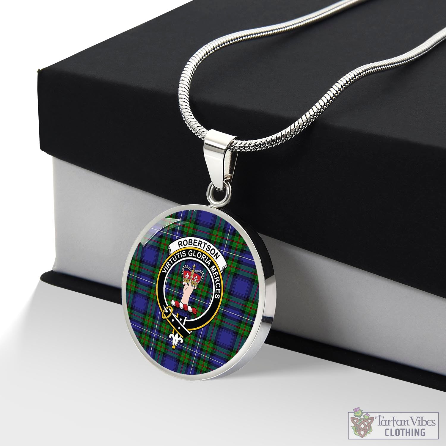 Tartan Vibes Clothing Robertson Hunting Modern Tartan Circle Necklace with Family Crest