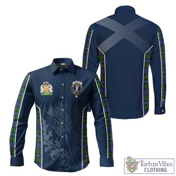 Robertson Hunting Modern Tartan Long Sleeve Button Up Shirt with Family Crest and Scottish Thistle Vibes Sport Style