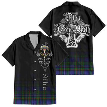 Robertson Hunting Modern Tartan Short Sleeve Button Up Shirt Featuring Alba Gu Brath Family Crest Celtic Inspired