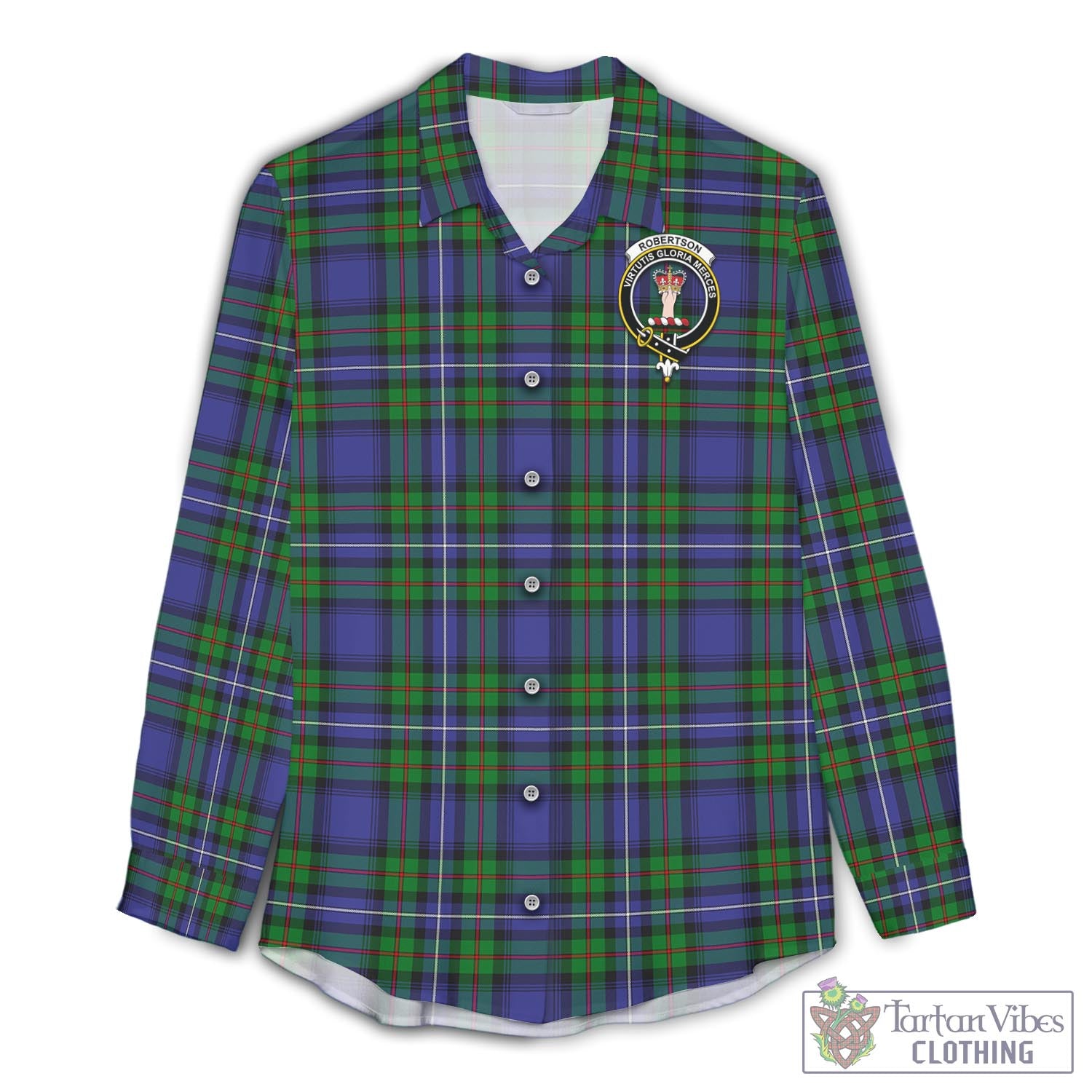 Tartan Vibes Clothing Robertson Hunting Modern Tartan Womens Casual Shirt with Family Crest