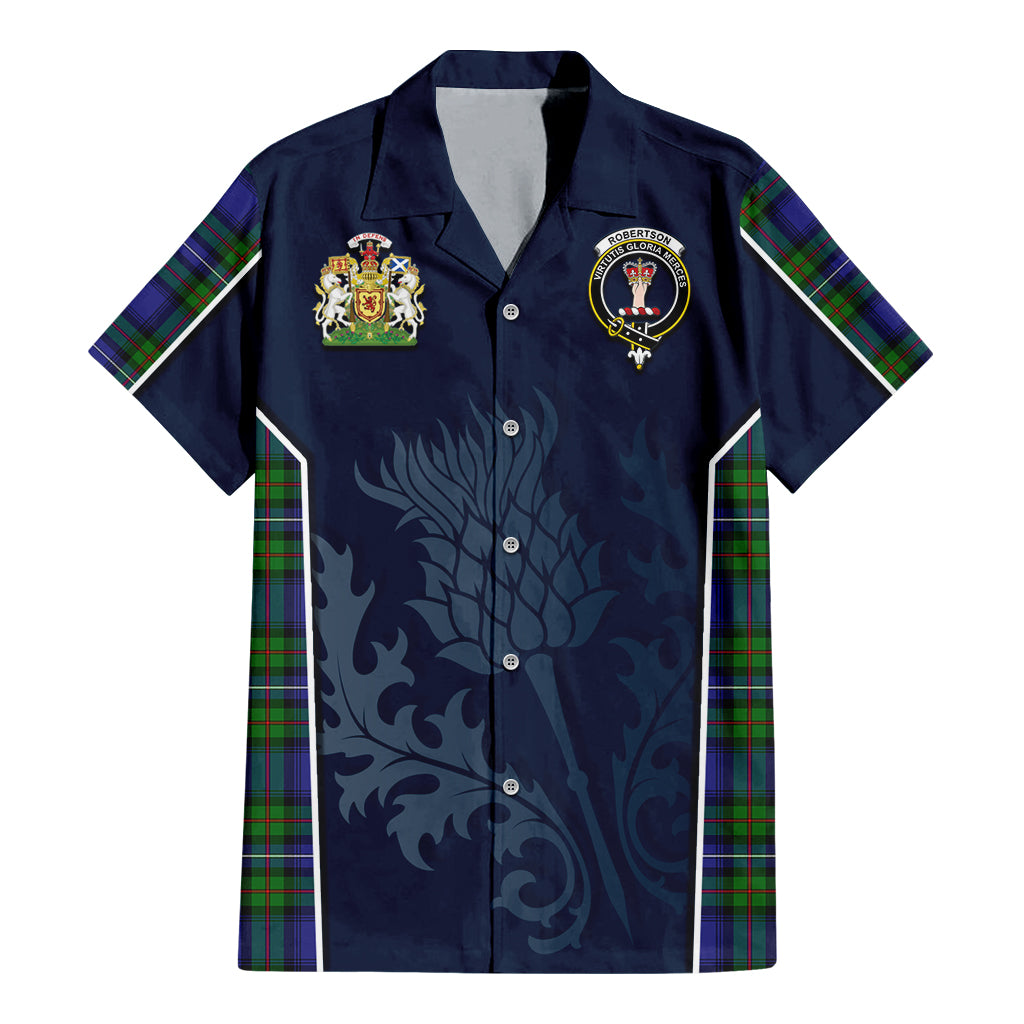 Tartan Vibes Clothing Robertson Hunting Modern Tartan Short Sleeve Button Up Shirt with Family Crest and Scottish Thistle Vibes Sport Style