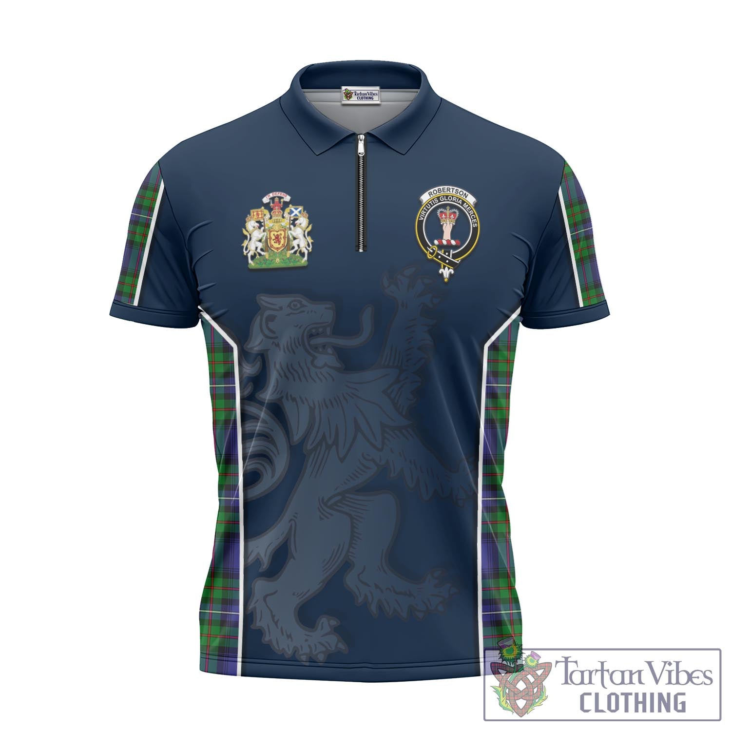 Tartan Vibes Clothing Robertson Hunting Modern Tartan Zipper Polo Shirt with Family Crest and Lion Rampant Vibes Sport Style