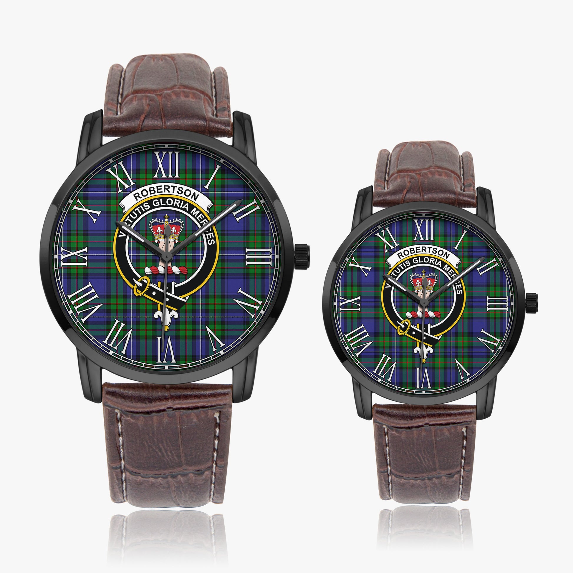 Robertson Hunting Modern Tartan Family Crest Leather Strap Quartz Watch - Tartanvibesclothing