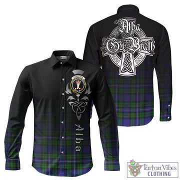 Robertson Hunting Modern Tartan Long Sleeve Button Up Featuring Alba Gu Brath Family Crest Celtic Inspired