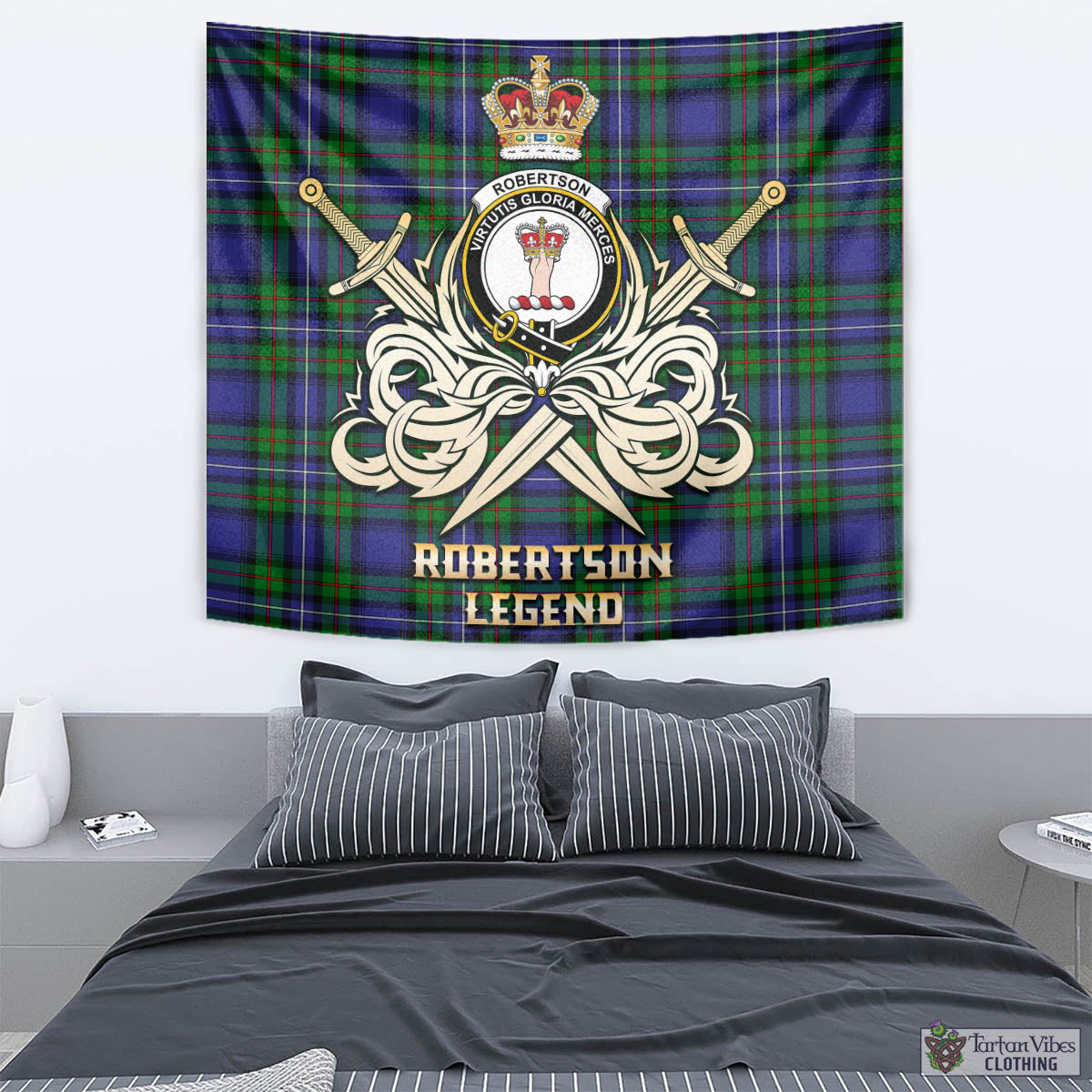 Tartan Vibes Clothing Robertson Hunting Modern Tartan Tapestry with Clan Crest and the Golden Sword of Courageous Legacy