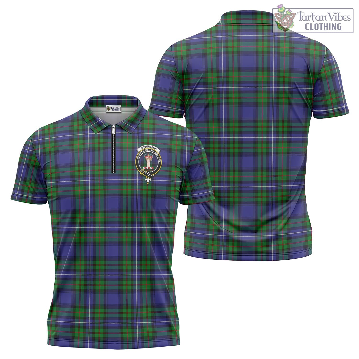 Tartan Vibes Clothing Robertson Hunting Modern Tartan Zipper Polo Shirt with Family Crest