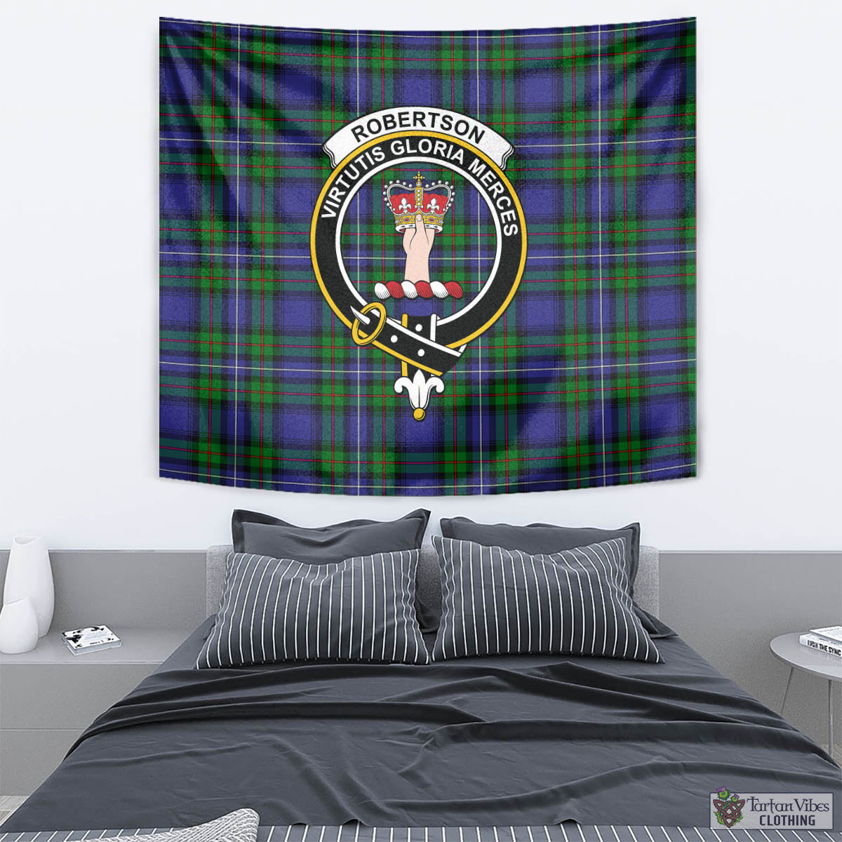 Tartan Vibes Clothing Robertson Hunting Modern Tartan Tapestry Wall Hanging and Home Decor for Room with Family Crest