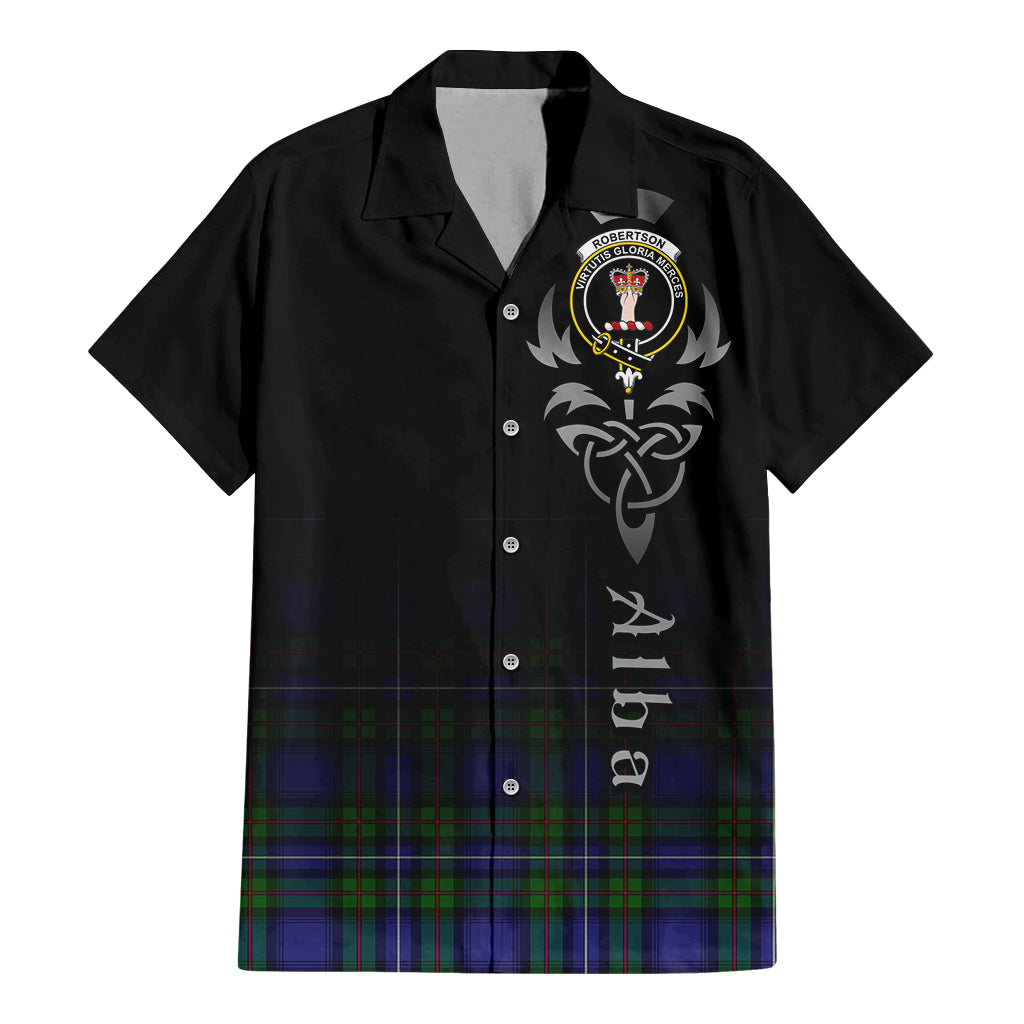 Tartan Vibes Clothing Robertson Hunting Modern Tartan Short Sleeve Button Up Featuring Alba Gu Brath Family Crest Celtic Inspired