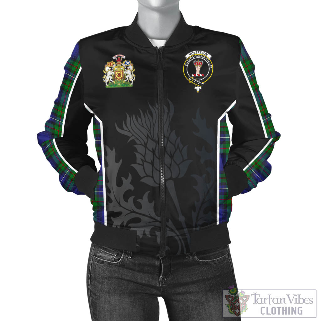 Tartan Vibes Clothing Robertson Hunting Modern Tartan Bomber Jacket with Family Crest and Scottish Thistle Vibes Sport Style