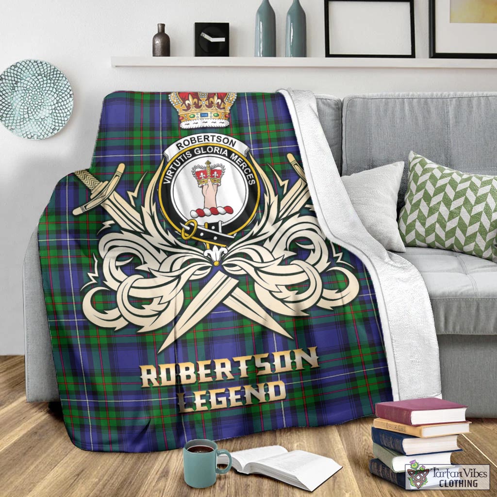 Tartan Vibes Clothing Robertson Hunting Modern Tartan Blanket with Clan Crest and the Golden Sword of Courageous Legacy