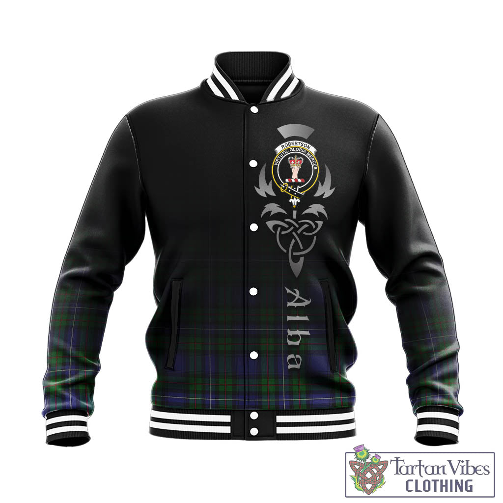 Tartan Vibes Clothing Robertson Hunting Modern Tartan Baseball Jacket Featuring Alba Gu Brath Family Crest Celtic Inspired