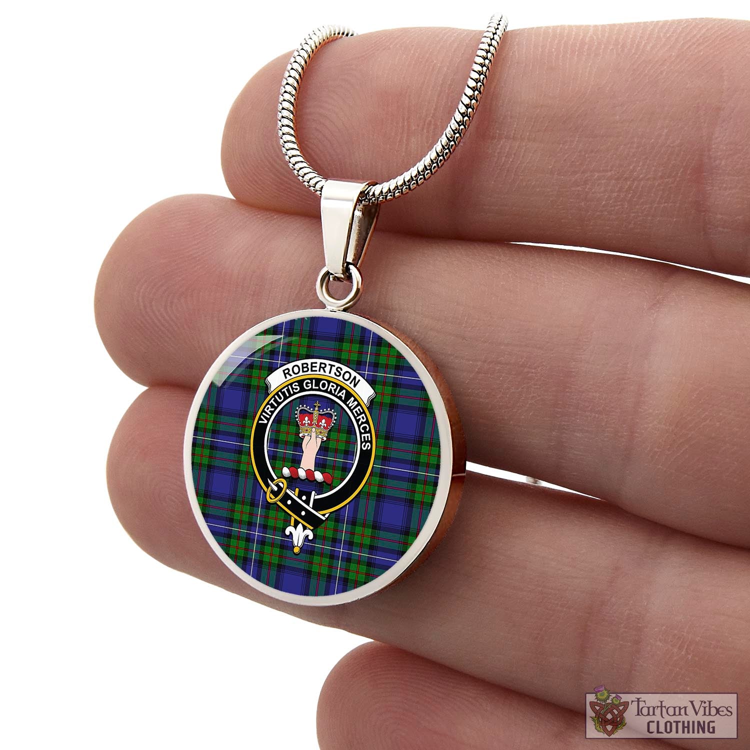 Tartan Vibes Clothing Robertson Hunting Modern Tartan Circle Necklace with Family Crest