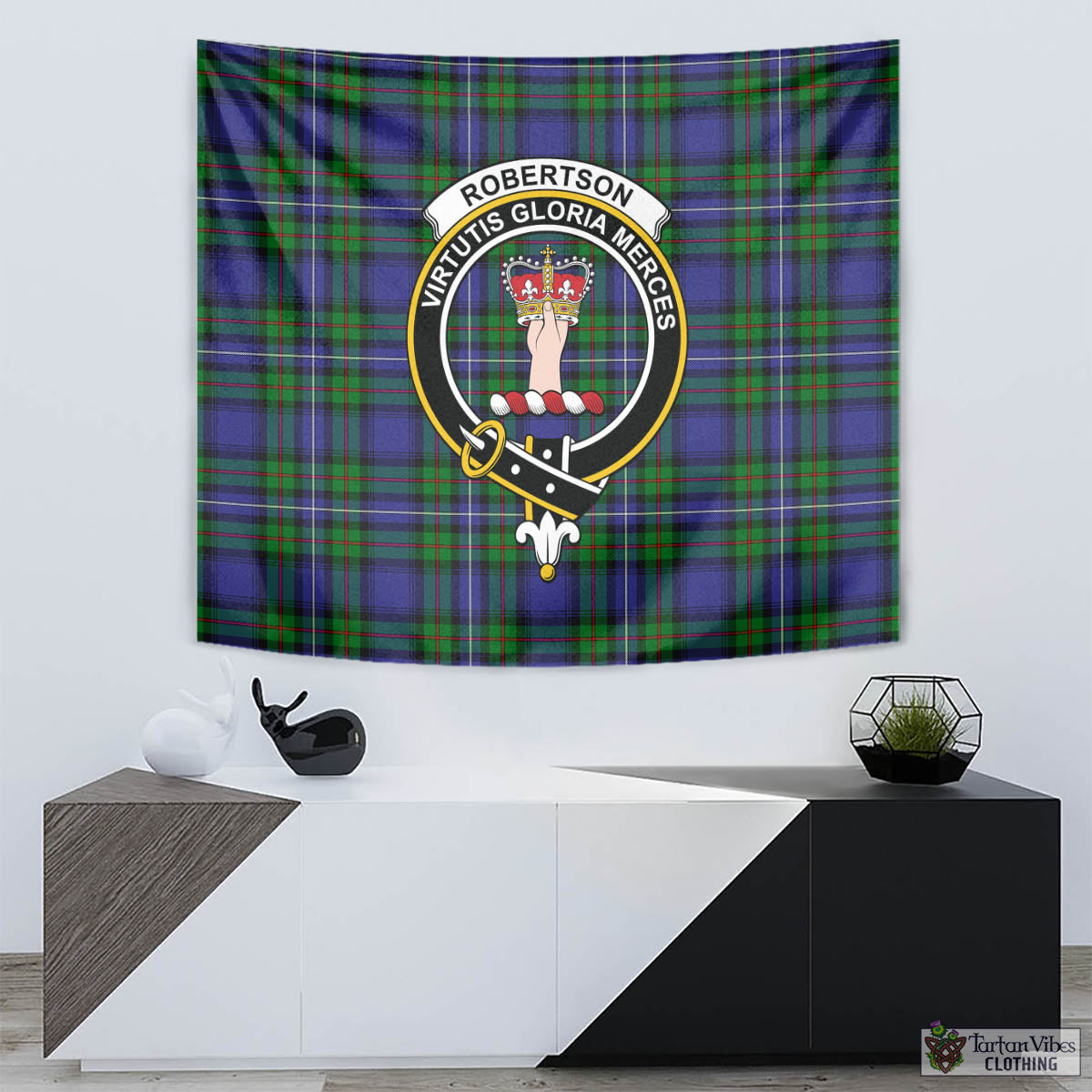 Tartan Vibes Clothing Robertson Hunting Modern Tartan Tapestry Wall Hanging and Home Decor for Room with Family Crest